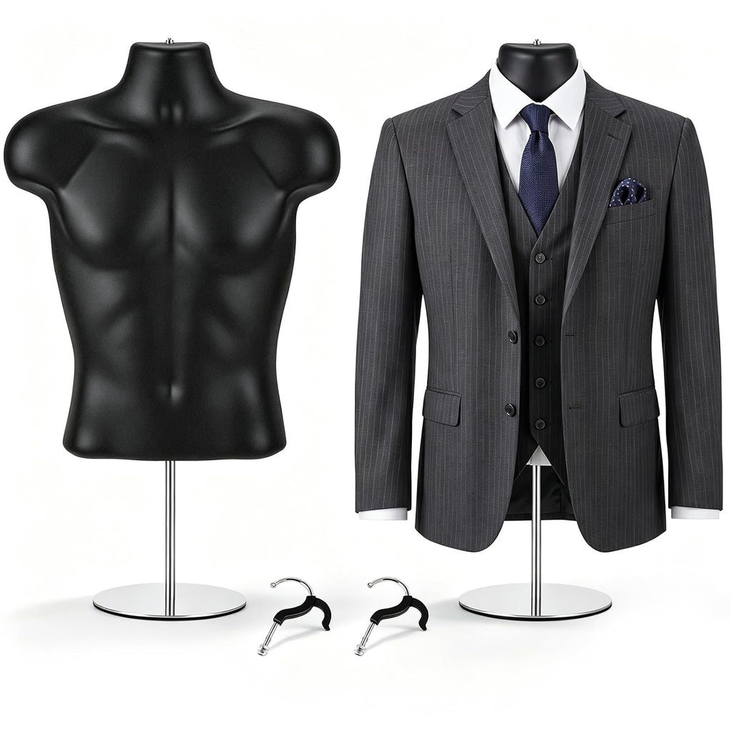 2 Pack Male Mannequin Torso Half Body Mannequin with Stand and Hanging Hook Stackable Dress Form Hollow Back for