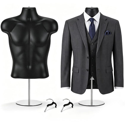 2 Pack Male Mannequin Torso Half Body Mannequin with Stand and Hanging Hook Stackable Dress Form Hollow Back for