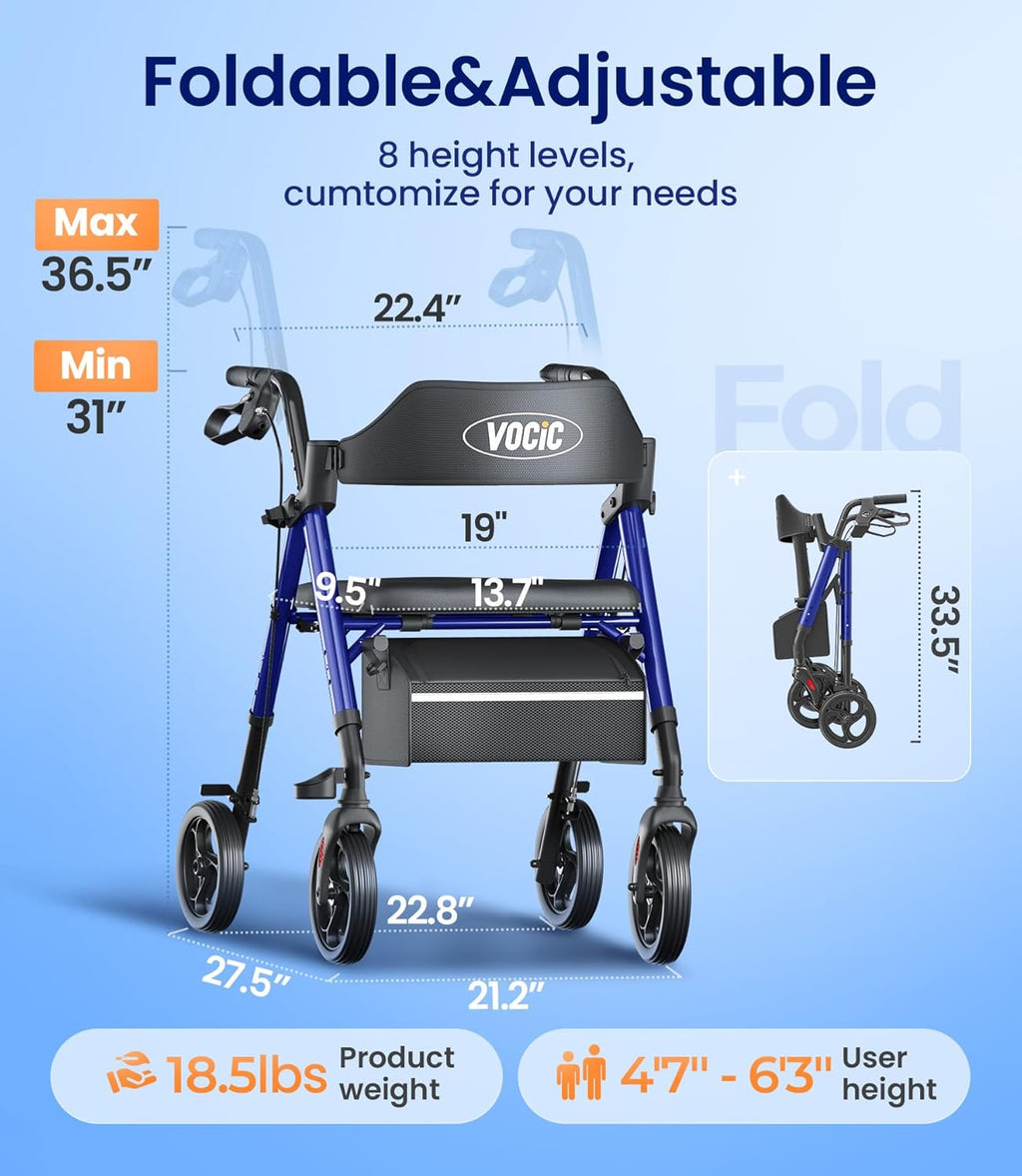 Walkers for Seniors, Z21 Rollator Walker with Seat Supports 350lb, 8" Big Wheels for All Terrain, Ergonomic Arc Seat