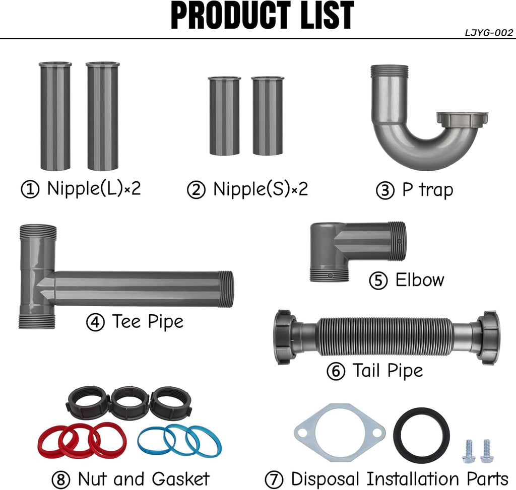Garbage Disposal Installation Kit For Double Bowl Sink, 1-1/2 Inch Drain | Wall/Floor Outlet, Reinforced PP, P-Trap