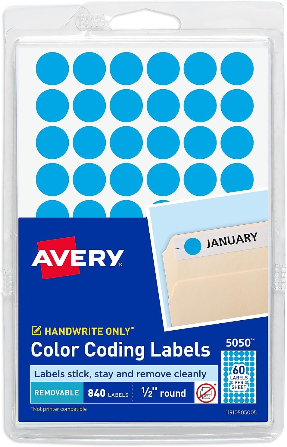 Color-Coding Removable Labels, 1/2 Inch Round Stickers, Light Blue, Non-Printable, 840 Dot Stickers Total (5050)