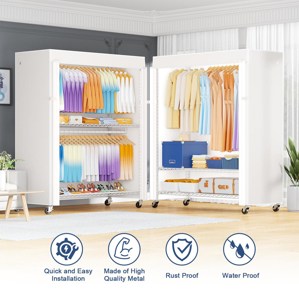 P8C Max Heavy Duty Clothes Rack（With Extended Width Design） Rolling Clothing Racks for Hanging Clothes with Lockable