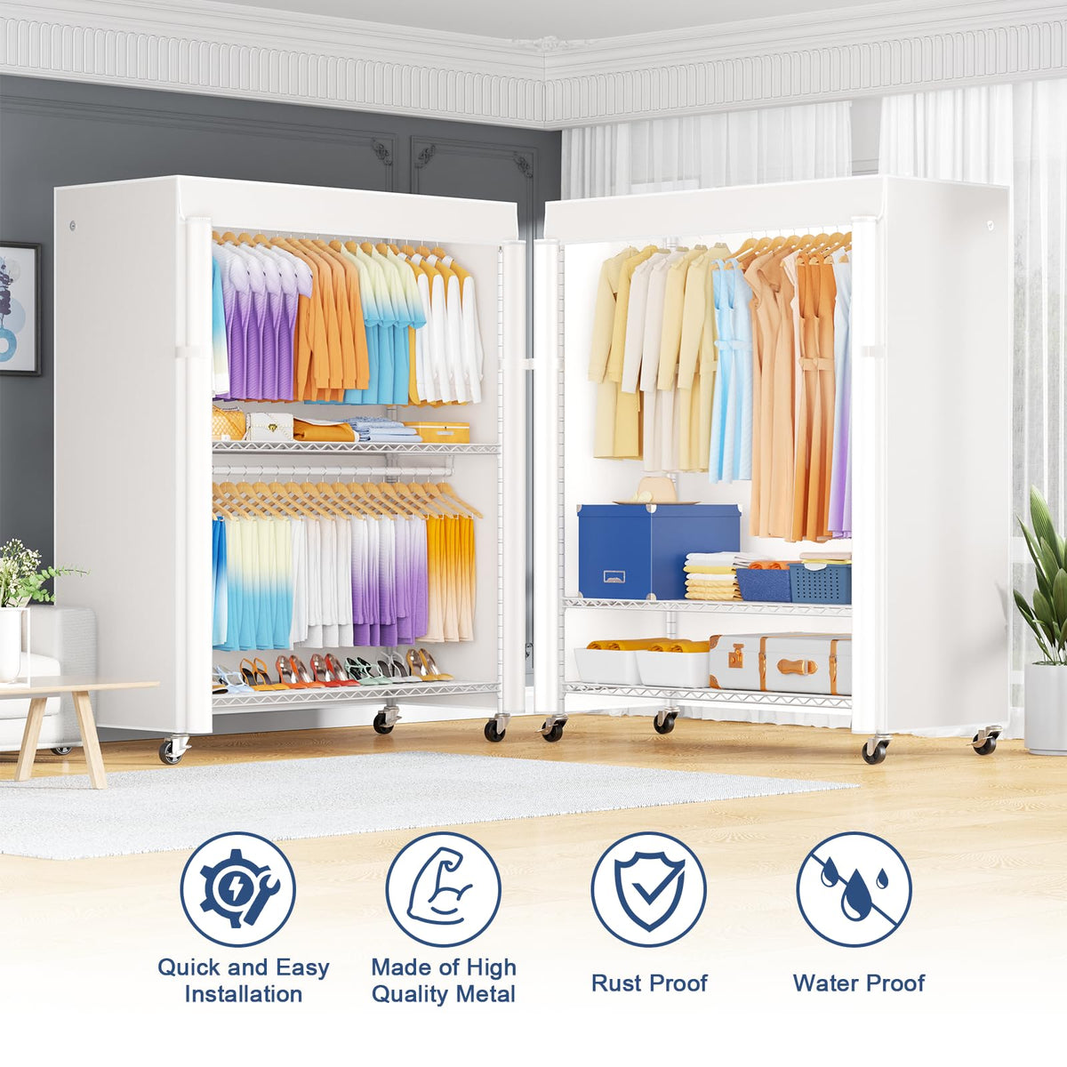 P8C Max Heavy Duty Clothes Rack（With Extended Width Design） Rolling Clothing Racks for Hanging Clothes with Lockable