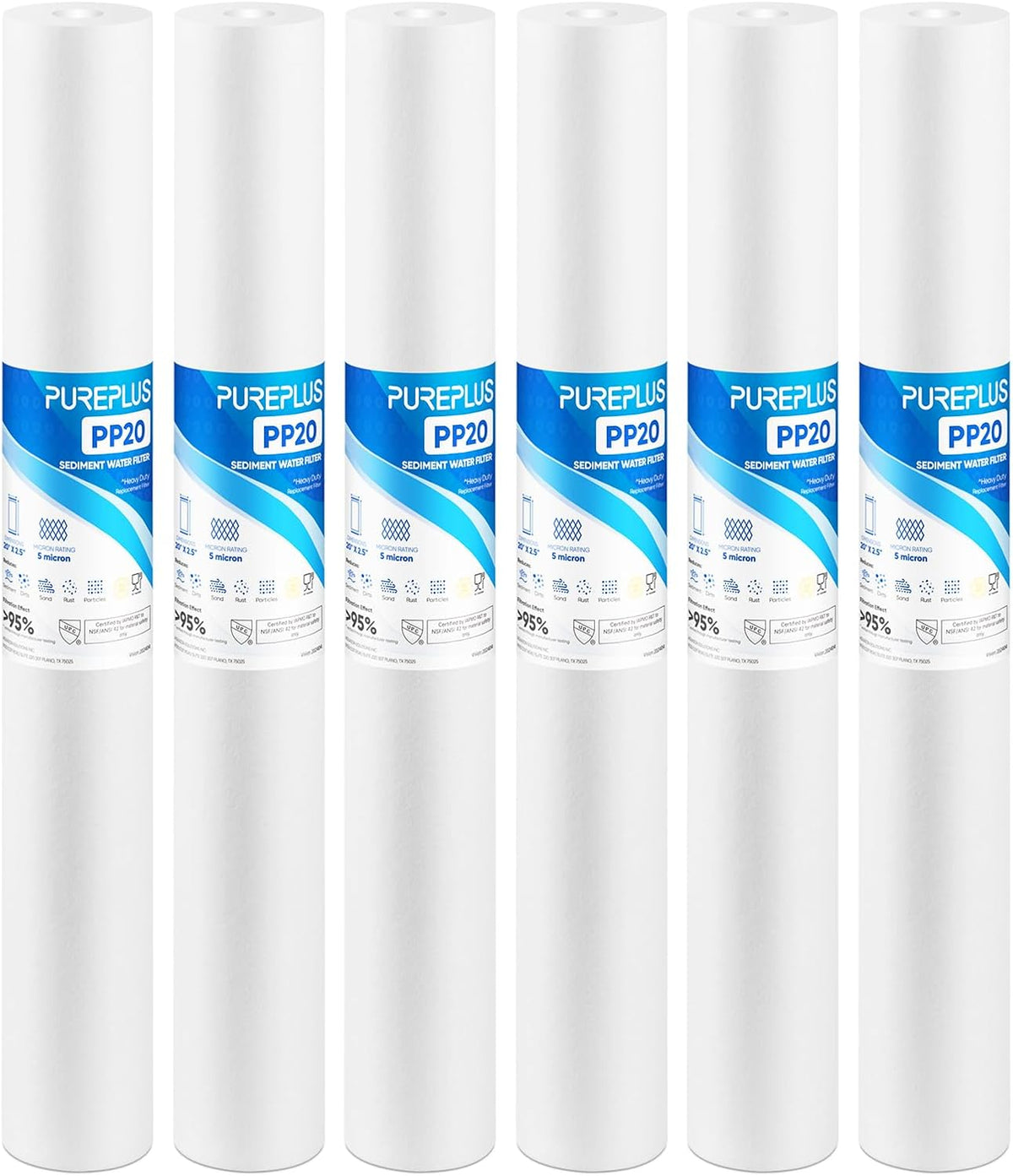 PUREPLUS 5 Micron 20"x2.5" Whole House Sediment Water Filter PP20 6 Pack
