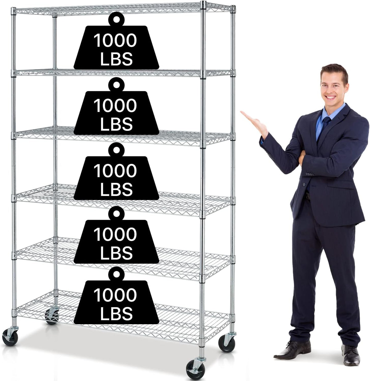 6 Tier Wire Shelving Unit with Wheels 48" X 18" X 76" Metal Storage Shelves Height Adjustable NSF Heavy Duty