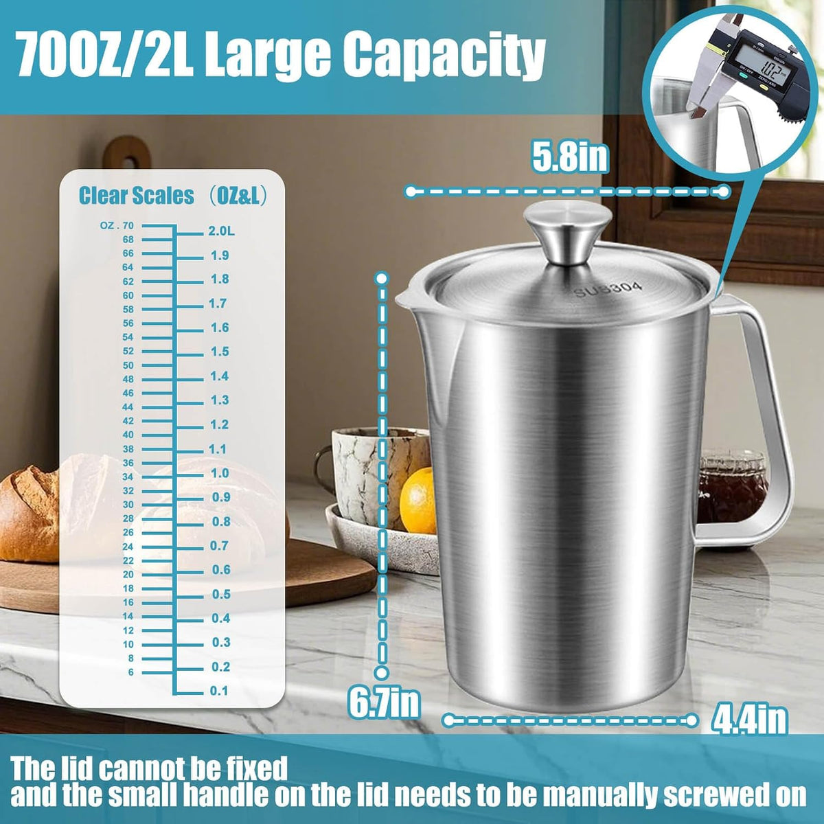 Stainless Steel Pitcher with Lid & Handle, 70 oz/2000+ ml