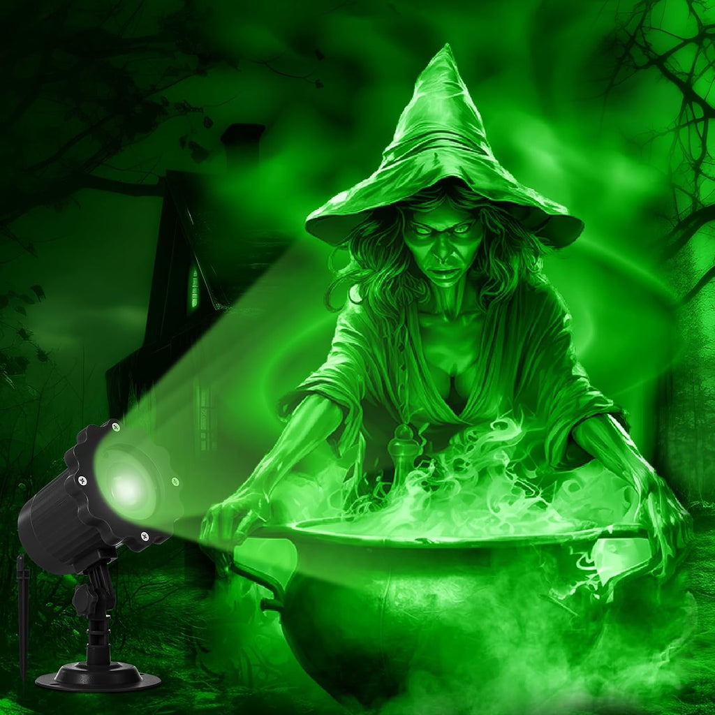 Halloween Projector Outdoor Light Decoration, Witch and Cauldron | Green Dynamic Halloween Projector, Spooky Decor