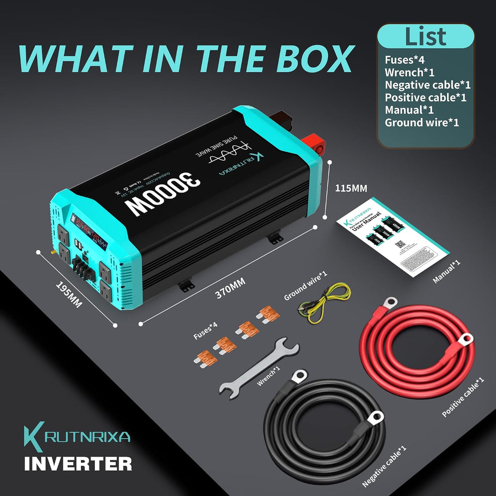 3000W Pure Sine Wave Inverter Peak 6000w 12V DC to 120V AC for RV, Truck, Off-Grid, Home, Solar Car Power Inverter