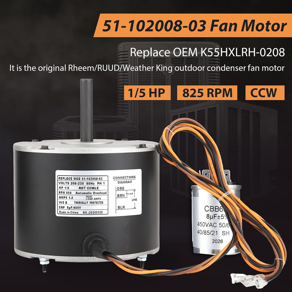51-102008-03 Fan Motor, Replaces for Rheem 51-102500-04 51-101774-03 Motor