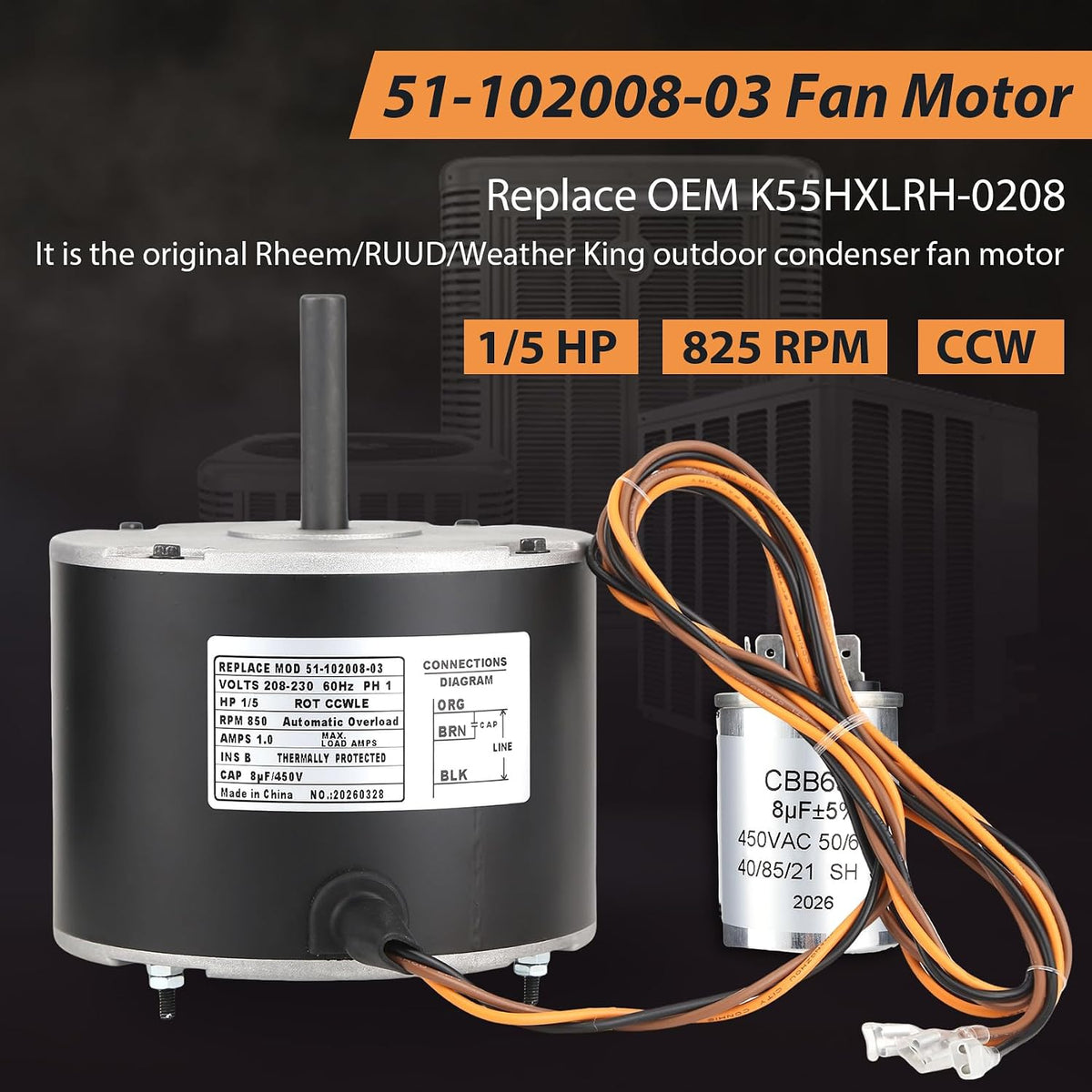51-102008-03 Fan Motor, Replaces for Rheem 51-102500-04 51-101774-03 Motor