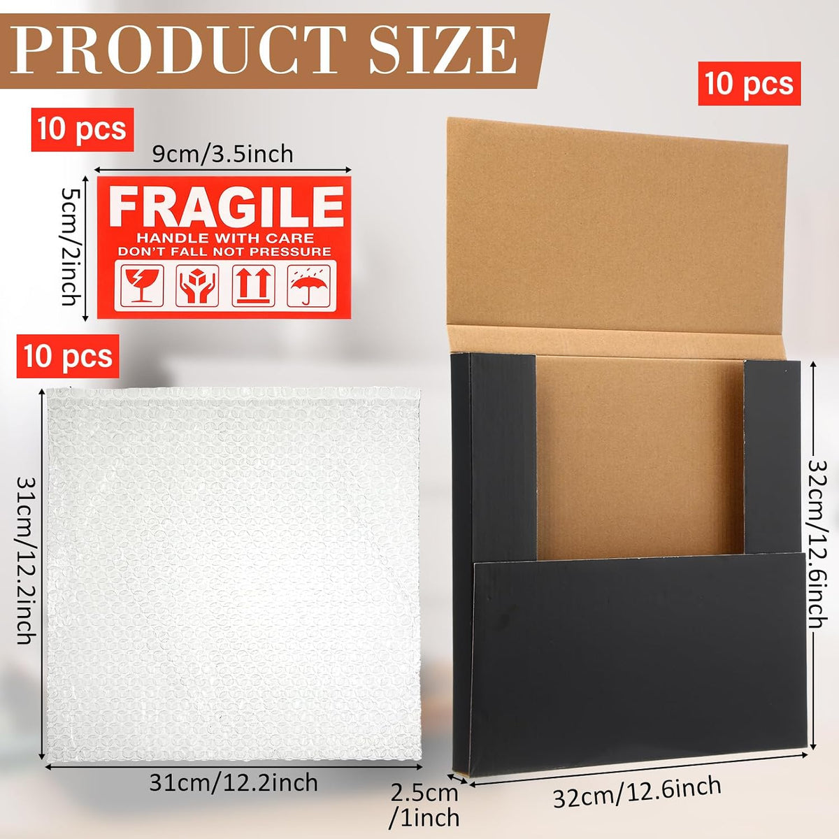 10 Sets 12.6 x 12.6 x 1" Vinyl Record Shipping Boxes, Black