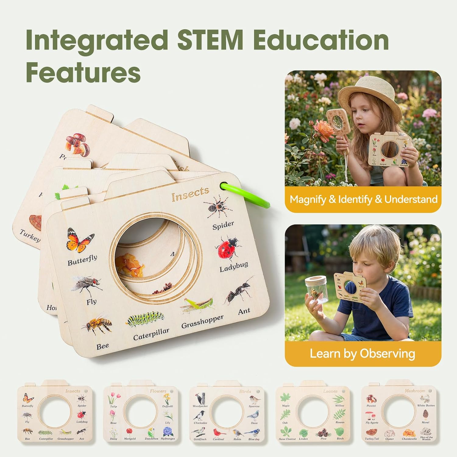 Wooden Bug Catcher Kit for Kids 3-8, 10PCS Durable Outdoor Explorer Kit with Magnifying Glass, Butterfly Net & STEM