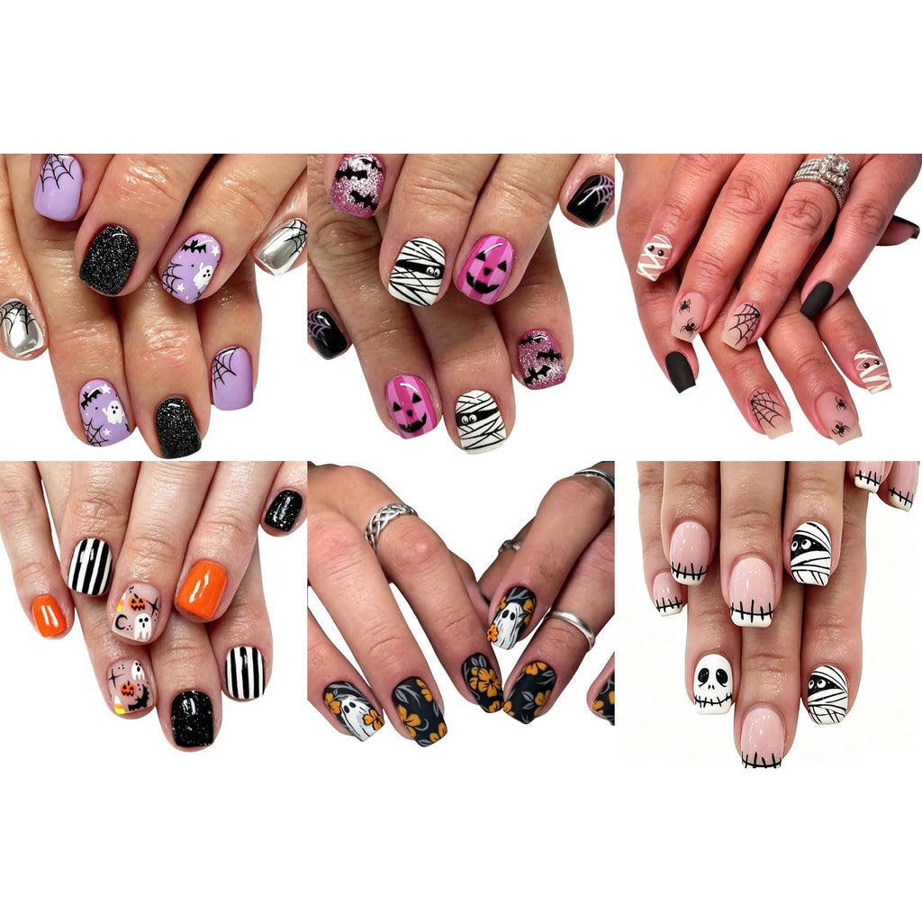 6 Sets(144Pcs) Halloween Press On Nails Short Square Fake Nails, Cute Ghost