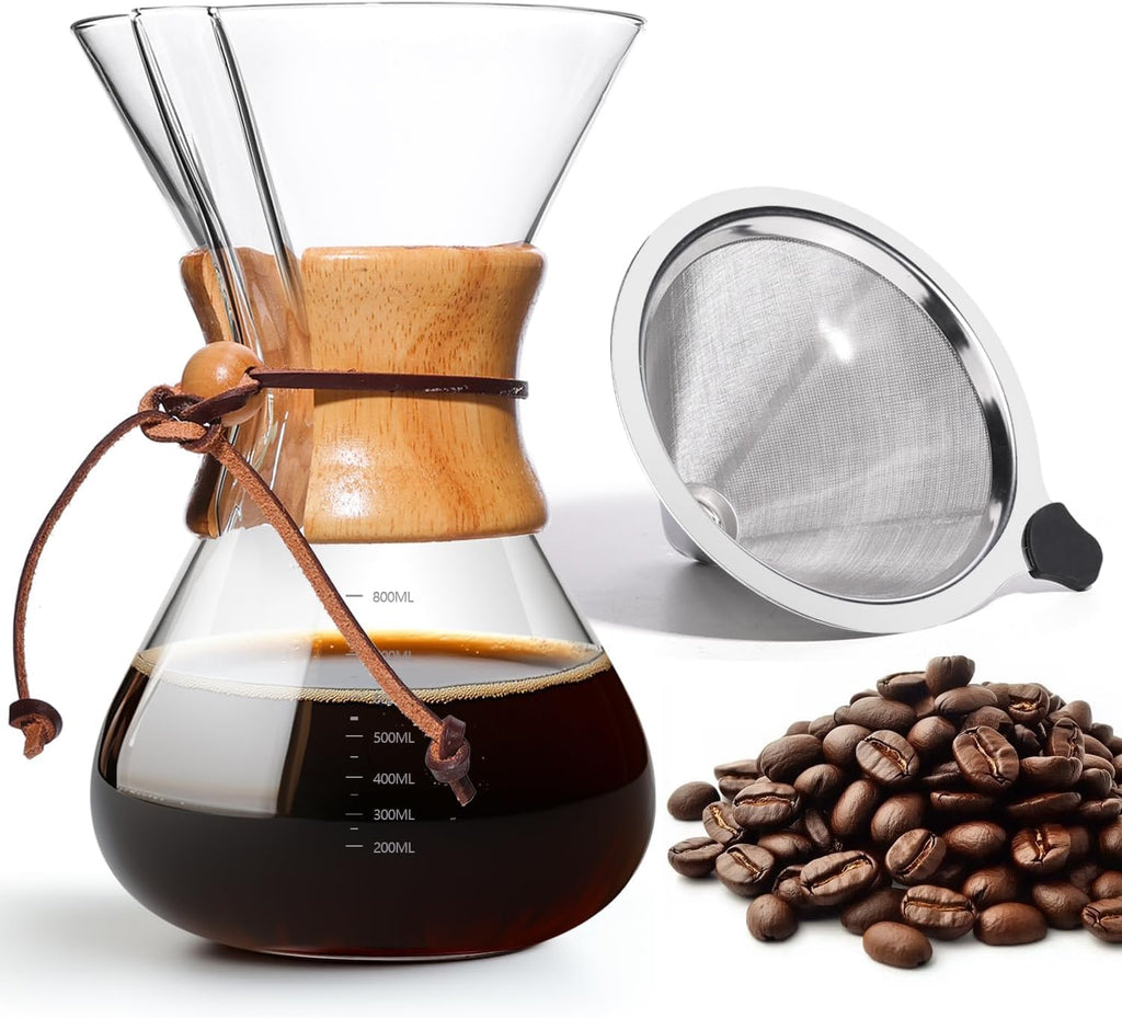 Pour Over Coffee Maker 27 OZ, 8 Cup Borosilicate Glass Drip Coffee Maker with Reusable Stainless Steel Filter and