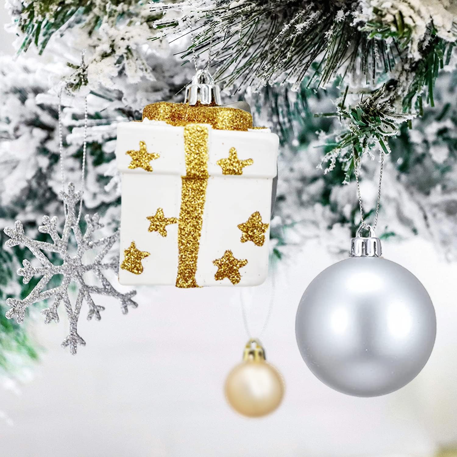 Christmas Assorted Ornaments Set, 58 ct Gold-Silver-White Stars Theme Xmas Tree Ball Ornament, Shatterproof