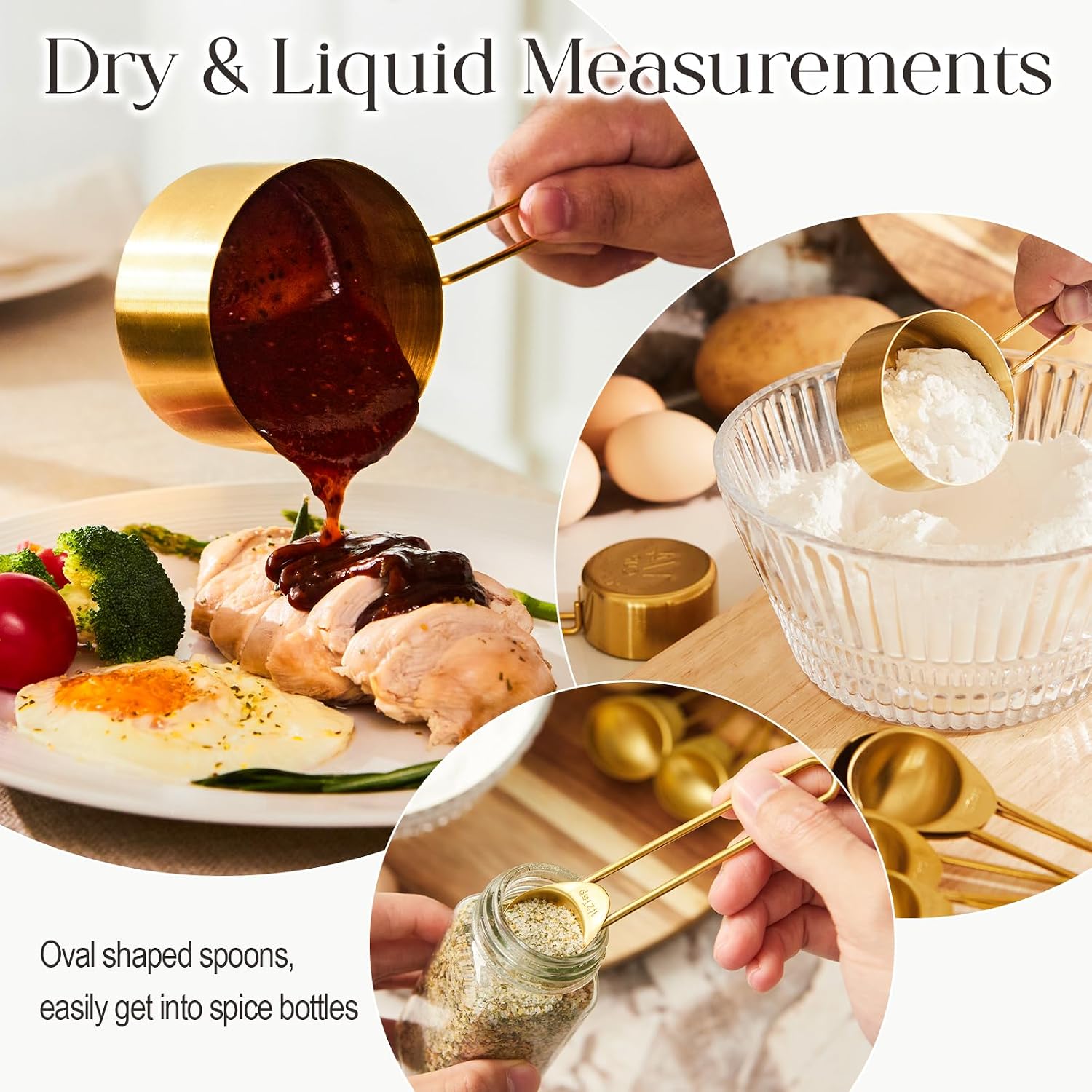 Golden 304 Stainless Steel Measuring Cups and Spoons Set,8PCS Stackable & Long Handle Fits Narrow Jars, Premium Gold