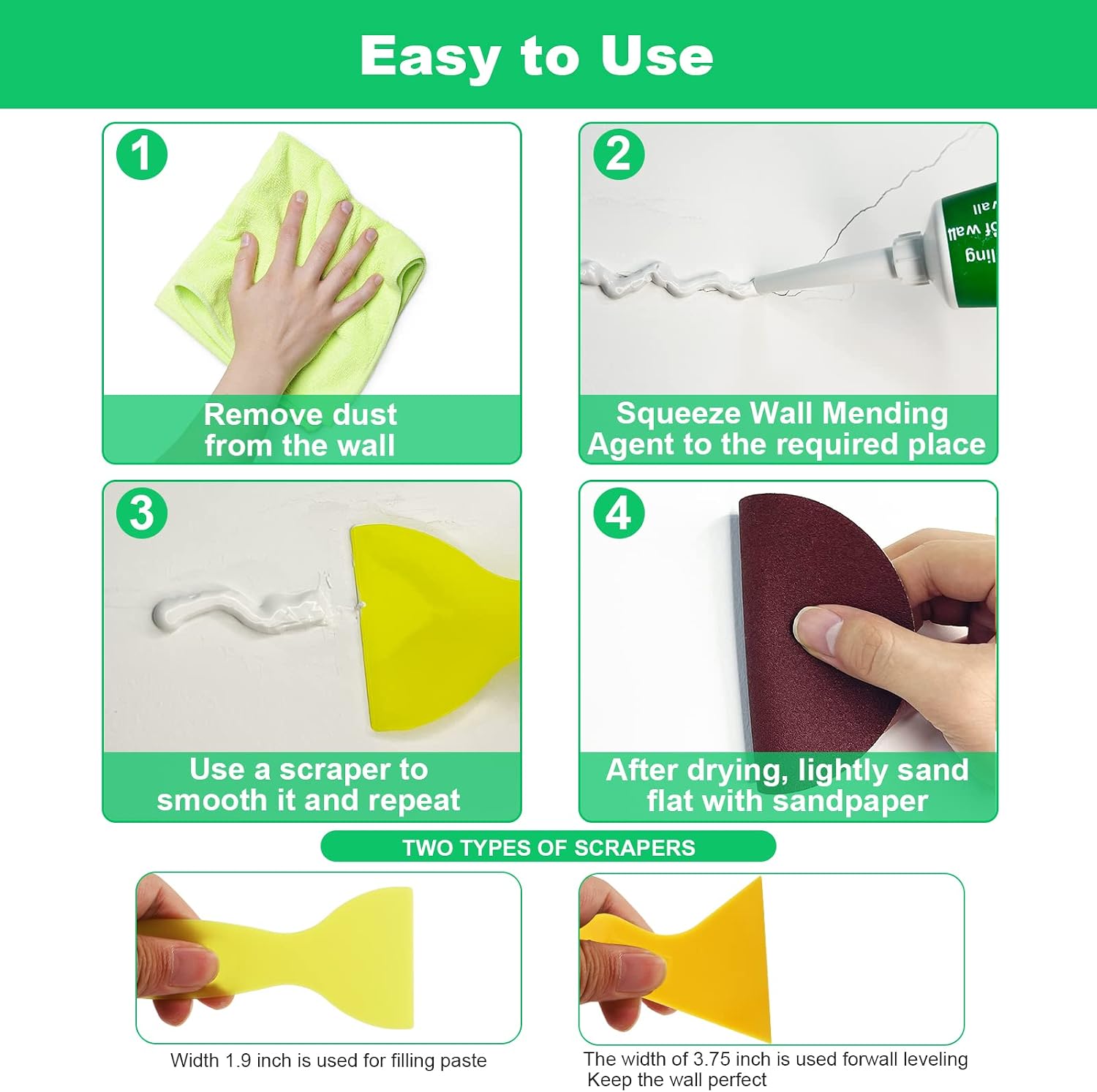 Drywall Repair Kit, 2 Pack Spackle Wall Repair Patch Kit with Scraper, Wall Mending Agent Large Hole Drywall Patch