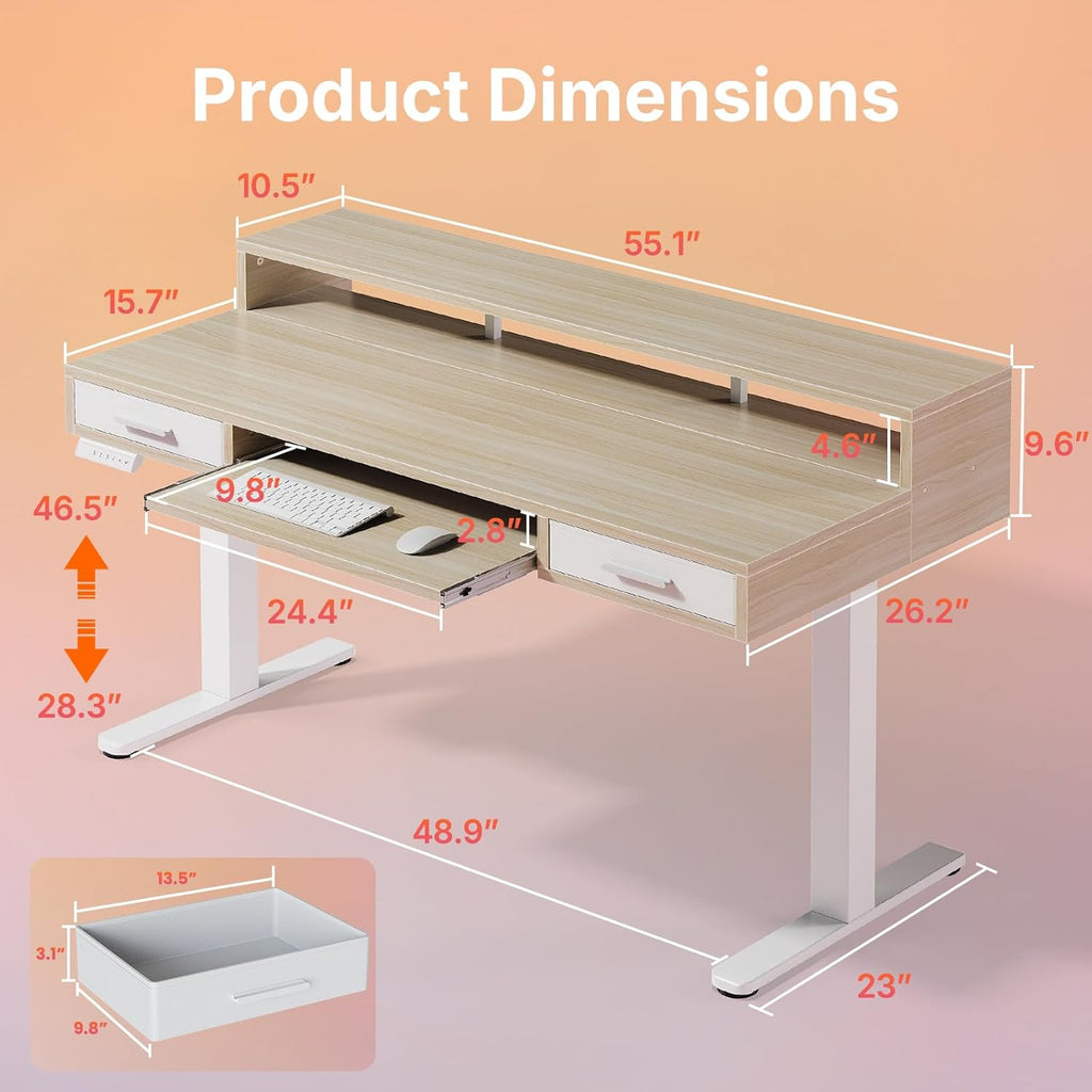 55″ x 26″ Electric Standing Desk with 2 Drawers &24.4″ Large Keyboard Tray, C-Clamp Mount Compatible, Adjustable