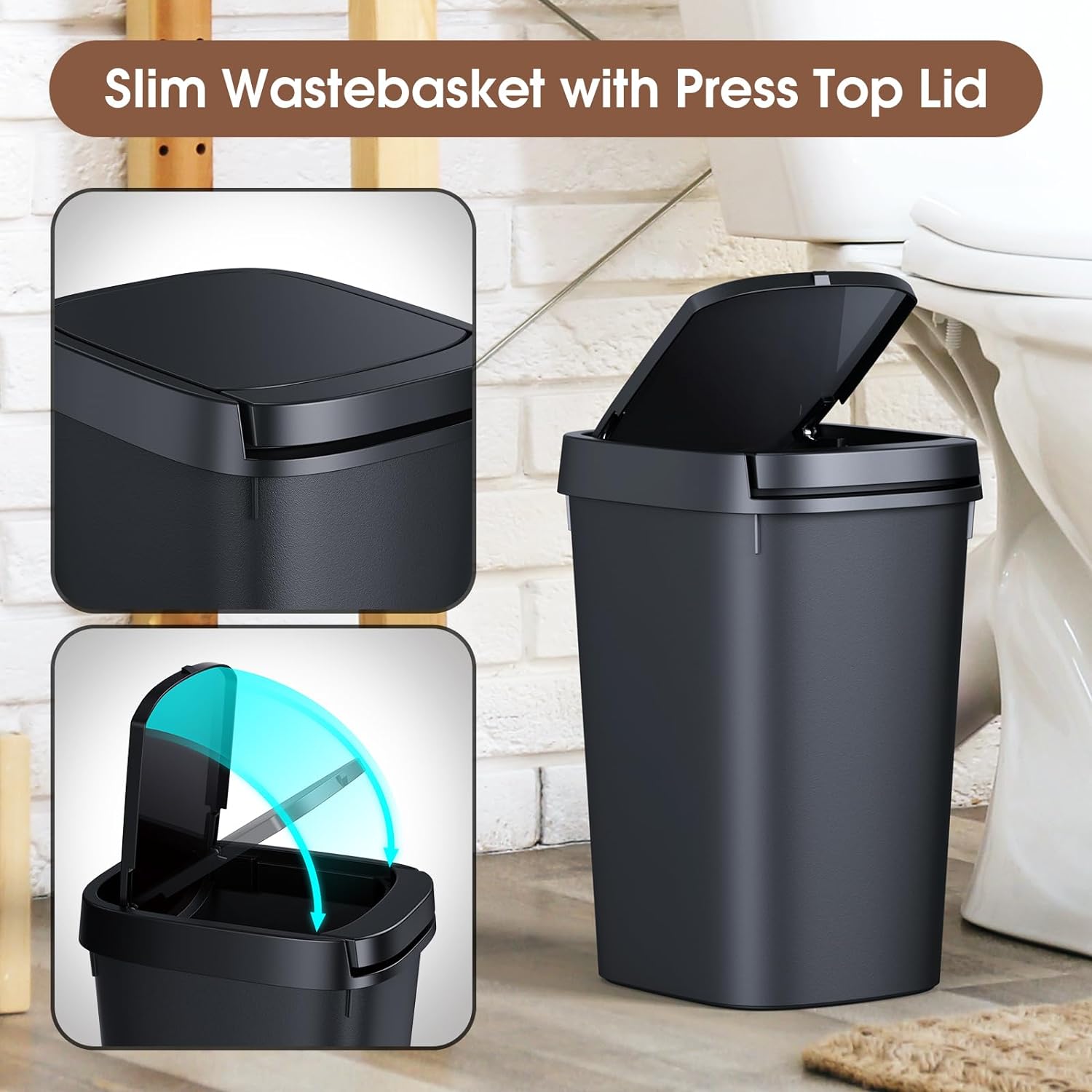 3 Pack Bathroom Trash Can with Lid, 10L/2.6 Gal Small Garbage Can with Press Top Lid, Slim Plastic Waste Basket for