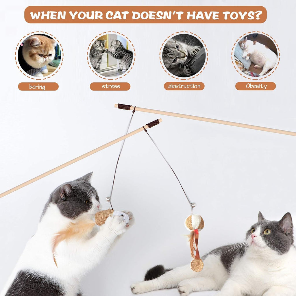3-Piece Natural Wooden Cat Teaser Wand Toy Kit with 5 Silvervine Sticks and Elastic String Cat Pole Toy with Bell and