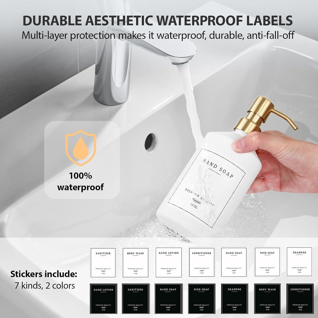 Gold Soap Dispenser Set, Glass Hand and Dish Soap Dispenser Set with Tray,Stainless Pump,14 Stickers for