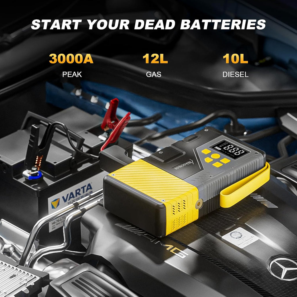 Portable Car Jump Starter with Air Compressor for Emergencies,3000A Peak and 150 PSI Max