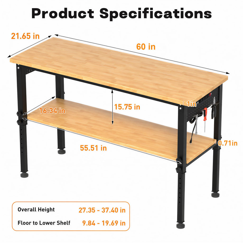 60 Inch 2-Tier Adjustable Workbench, 2600 LBS Heavy Duty Garage Table