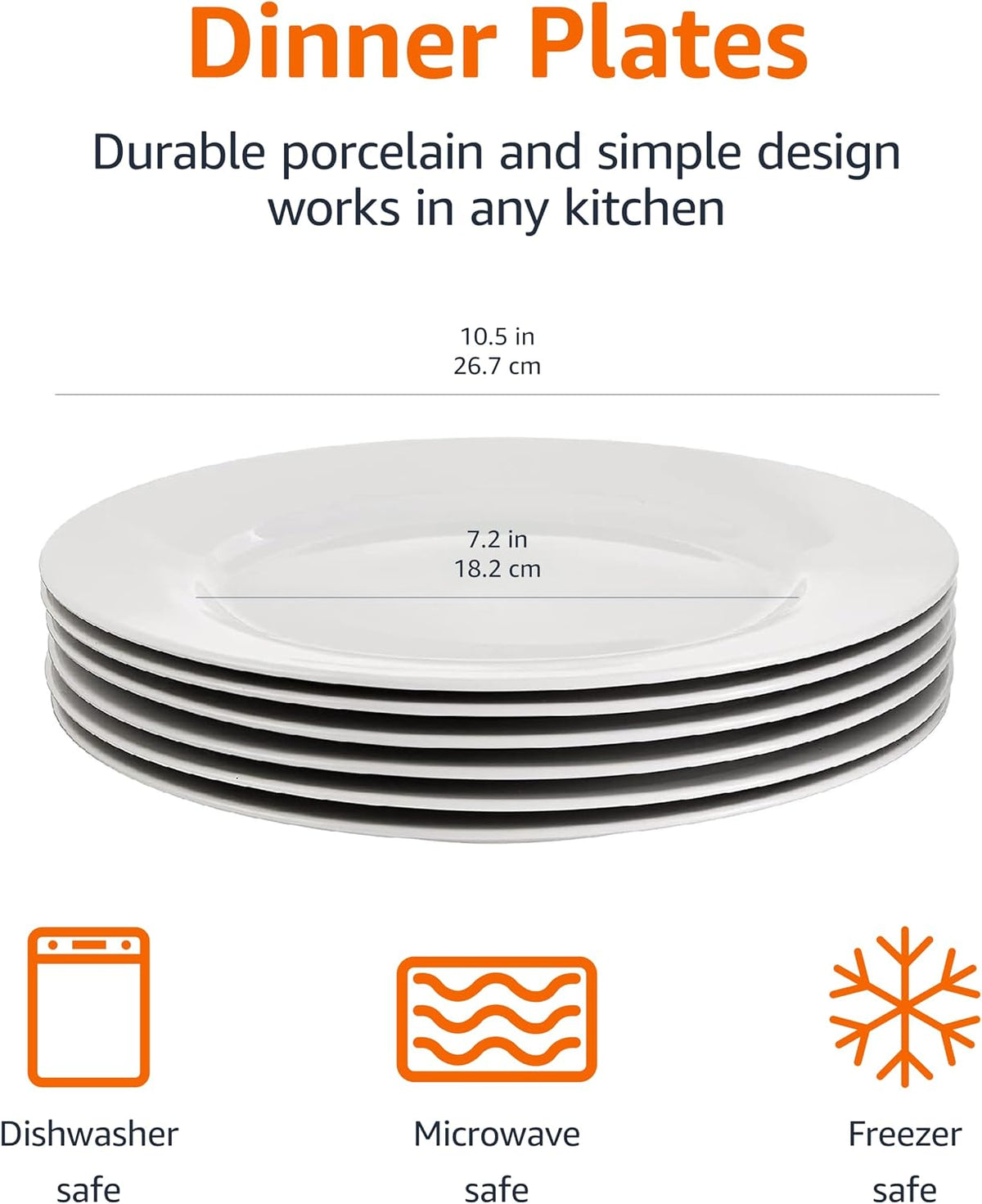 6-Piece White Dinner Plate Set, Microwave and Dishwasher Safe for Everyday Use, 10.5 inches