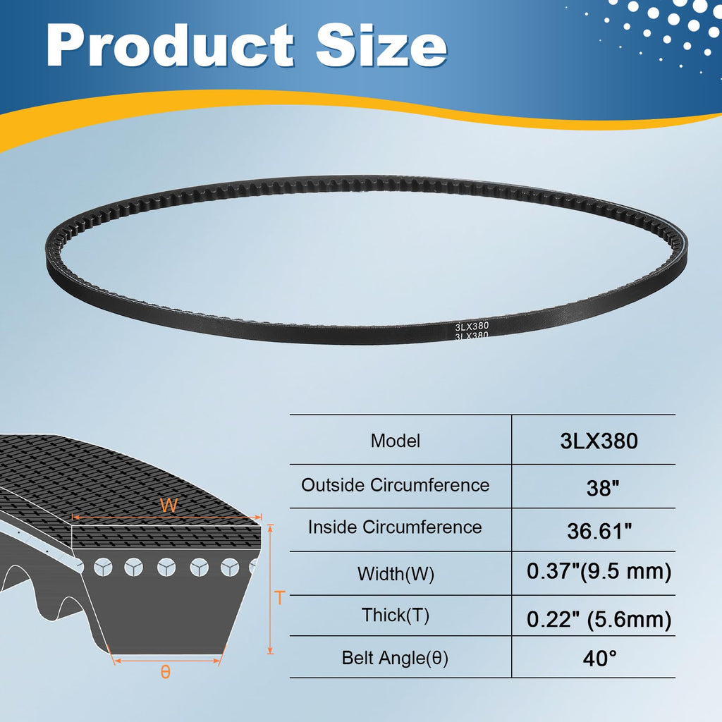 uxcell 2Pcs 3L380 Rubber V Belt, 38" Outer Circ x 0.37" Width x 0.22" Thick