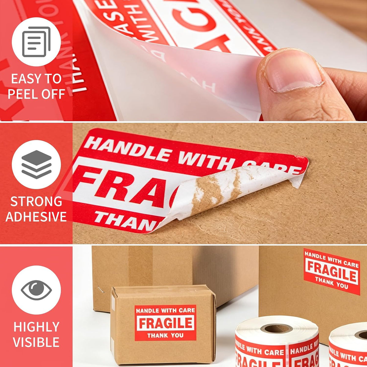 2'' x 3'' Fragile Stickers, 500 Labels/Roll, 4 Rolls