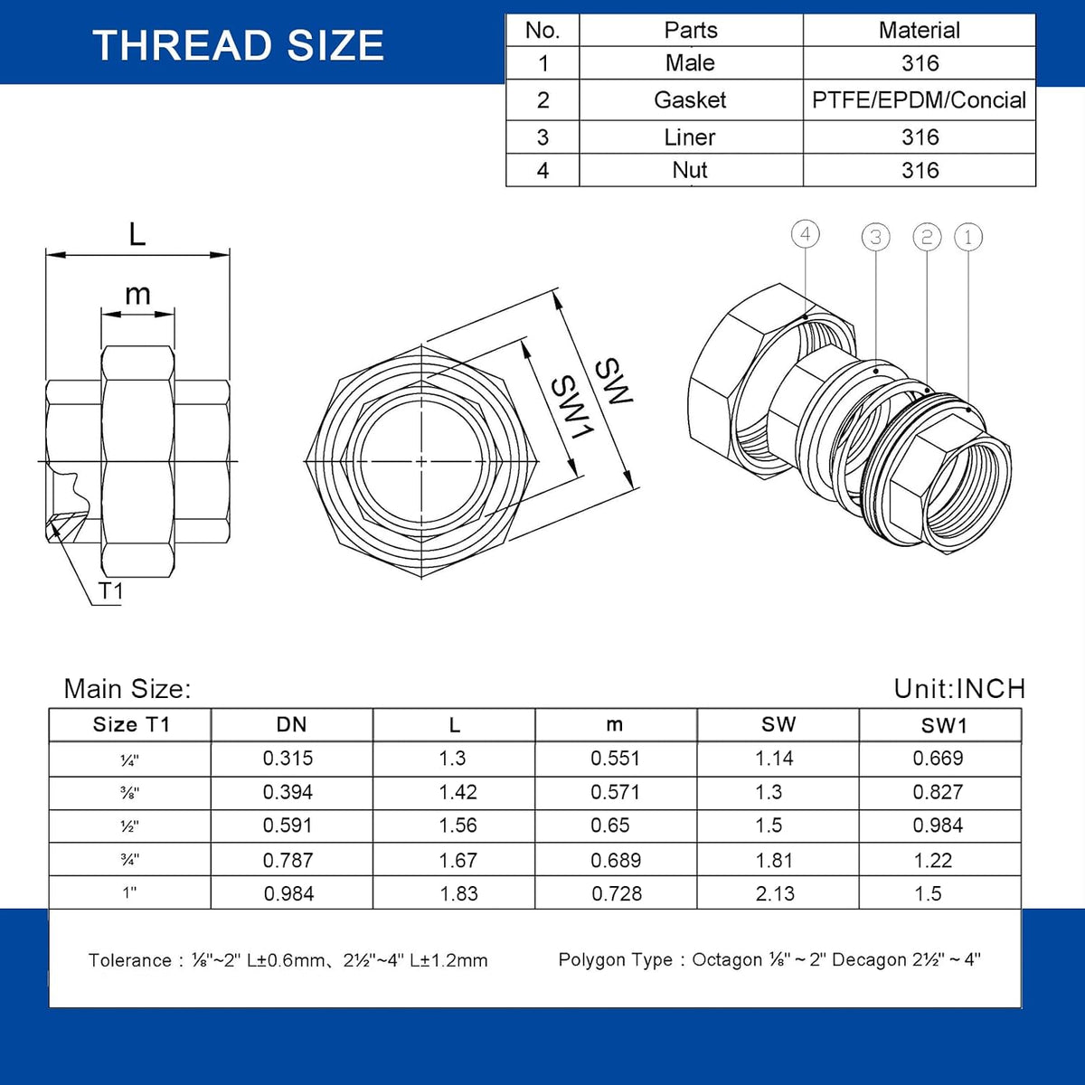316 Stainless Steel Union Fitting, 3/4 Inch NPT Female, 2-Pack