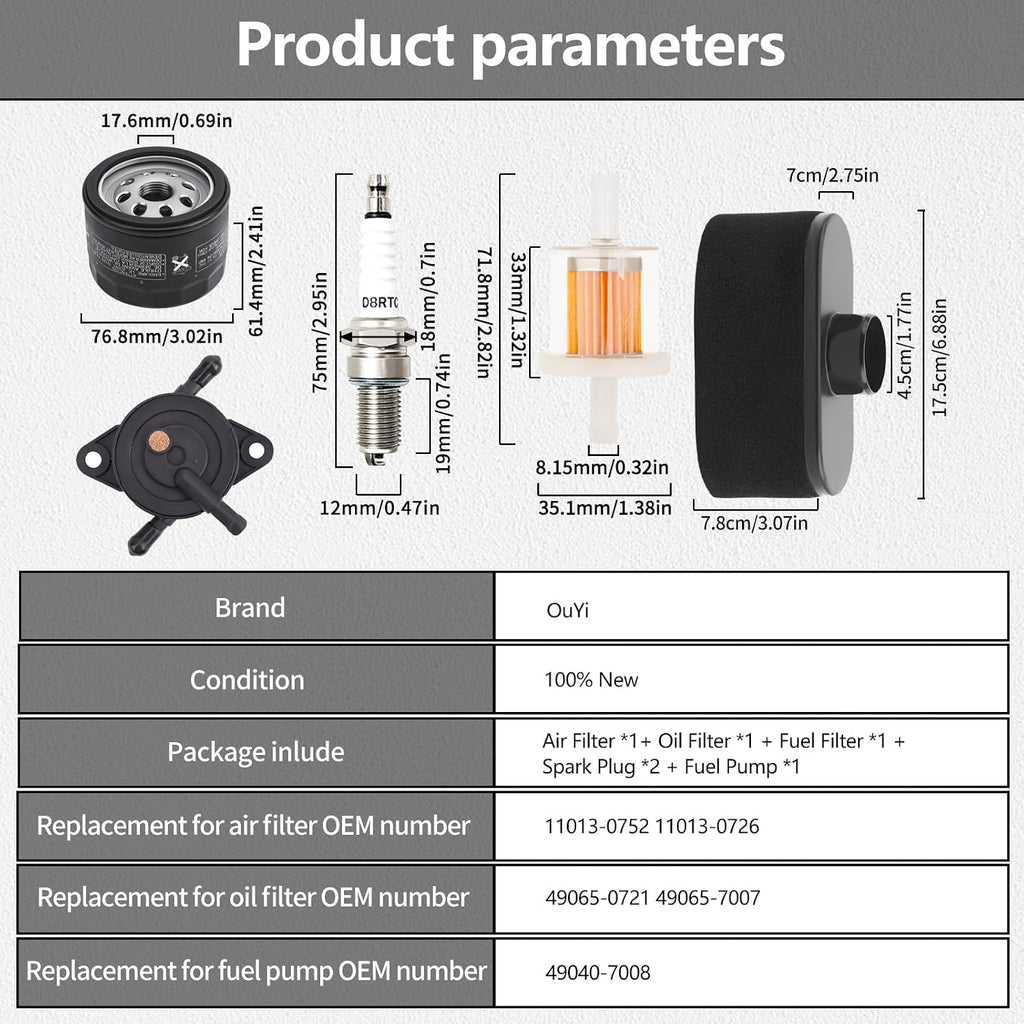 Air Filter & Oil Filter & Fuel Filter & Fuel Pump & Spark Plug Tune Up Kit Compatible with Kawasaki FR651V FR691V FR730V FS481V FS541V FS600V FS651V FS691V FS730V 4-cycle engine