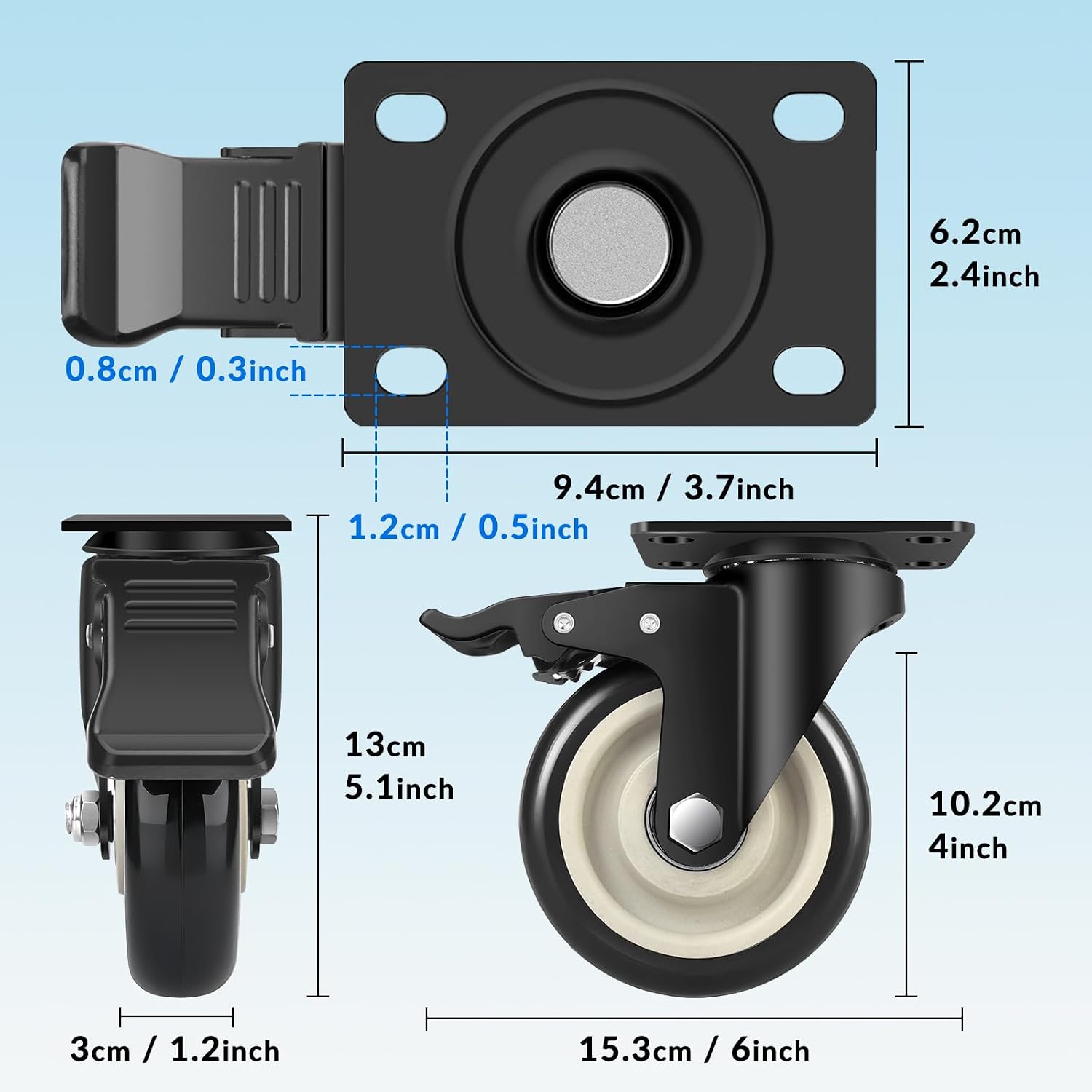 4 Inch Caster Wheels Set of 4, Heavy Duty Swivel Rolling with Brake | Large Industrial Plate Casters, 2200lbs Load