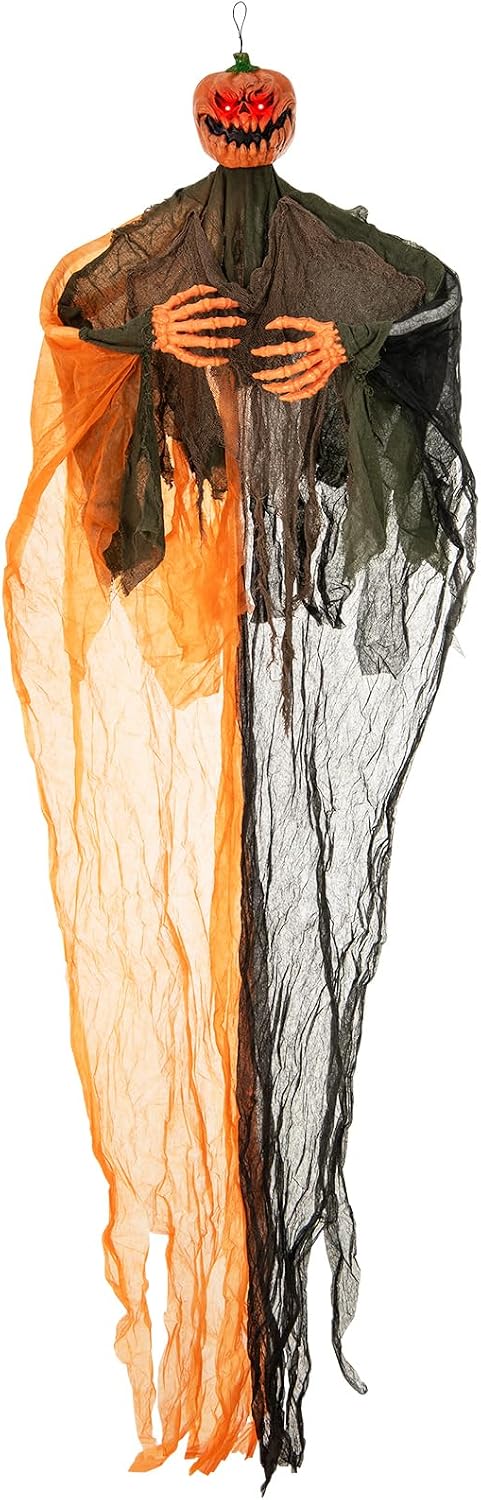 8.2 FT Hanging Pumpkin Ghost, Light-up Scary Prop for Haunted House with Red Glowing Eyes & Bendable Arms, Hanging