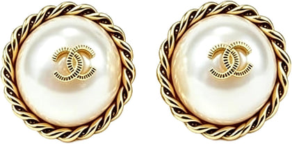Vintage Twisted Metal Faux Pearl Round Stud Earrings Retro Antique Gold Statement Jewelry for Women