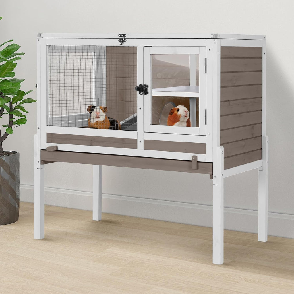2-Story Indoor Rabbit Hutch Guinea Pig Cage with Stand, Wooden Bunny Cage Small Animal Cages with Chew-Proof Ramp