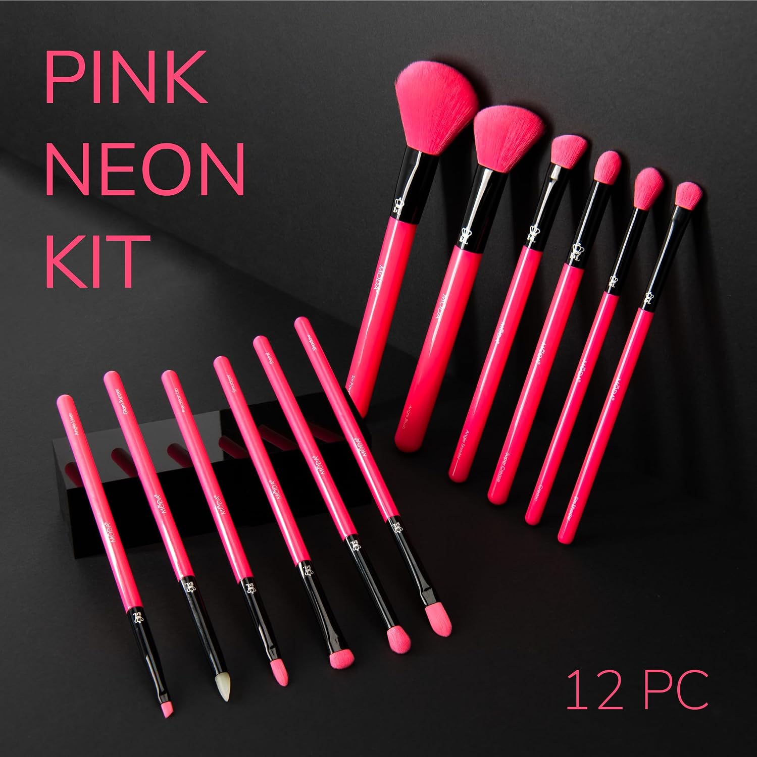 Neon Pink Makeup Brush Set, 12pc Vegan Face and Eye Brush Kit