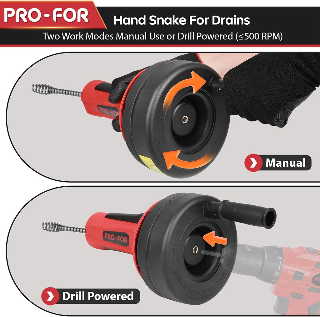Drain Auger, 16.4FT Plumbing Snake Drain Clog Remover, Manual & Drill Powered Drain Snake for 0.75–2 Inch Pipes