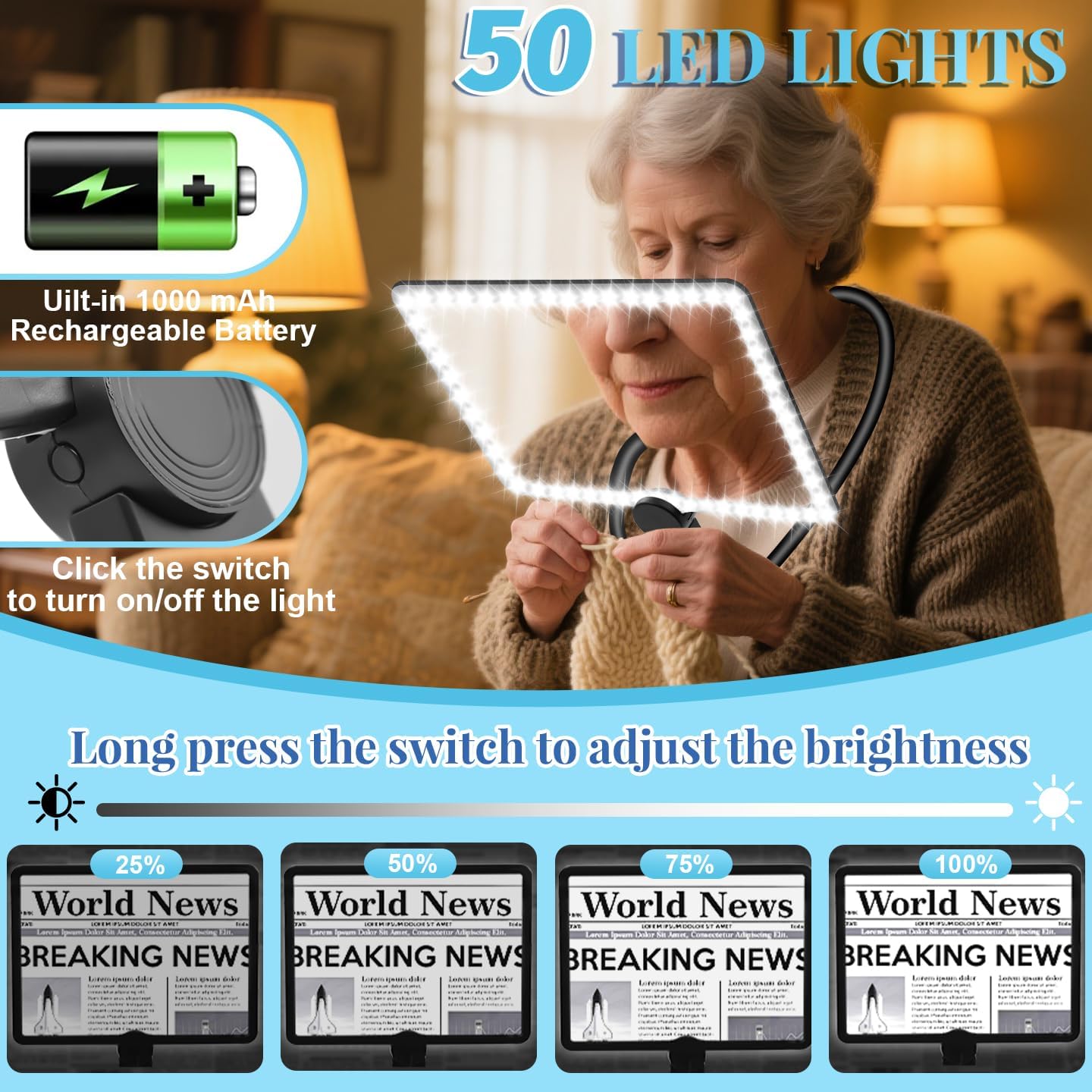 10x Large Neck Magnifying Glass for Reading with Light,Page Magnifier with Adjustable 50 Led Light Magnifier for