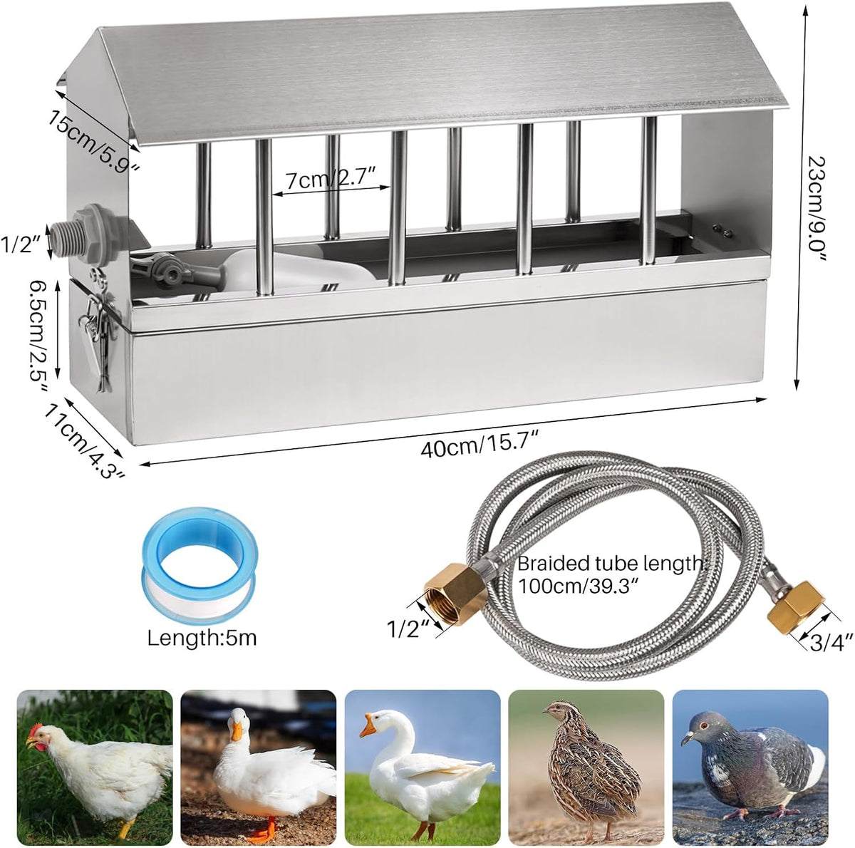 Automatic Chicken Waterer Stainless Steel Large Metal Chicken Waterer System Poultry Waterer Dispenser with Float