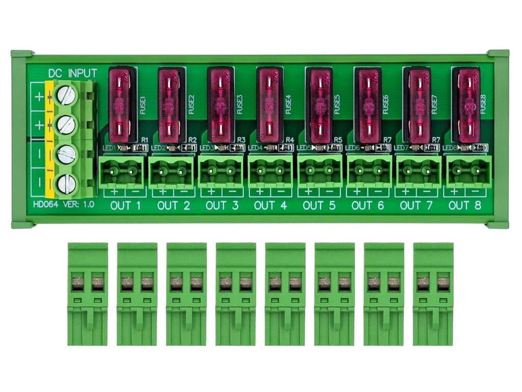 DIN Rail Mount DC 5-32V 8 Channel Pluggable Side Wiring Terminal Block Power Distribution Fuse Module, HCDC HD064RT
