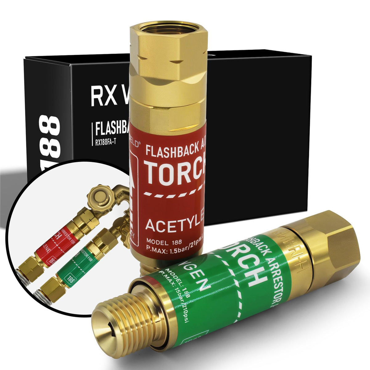 Oxygen Acetylene Torch Flashback Arrestors Set, Torch End - Standard "B" 9/16-18UNF Threads Size