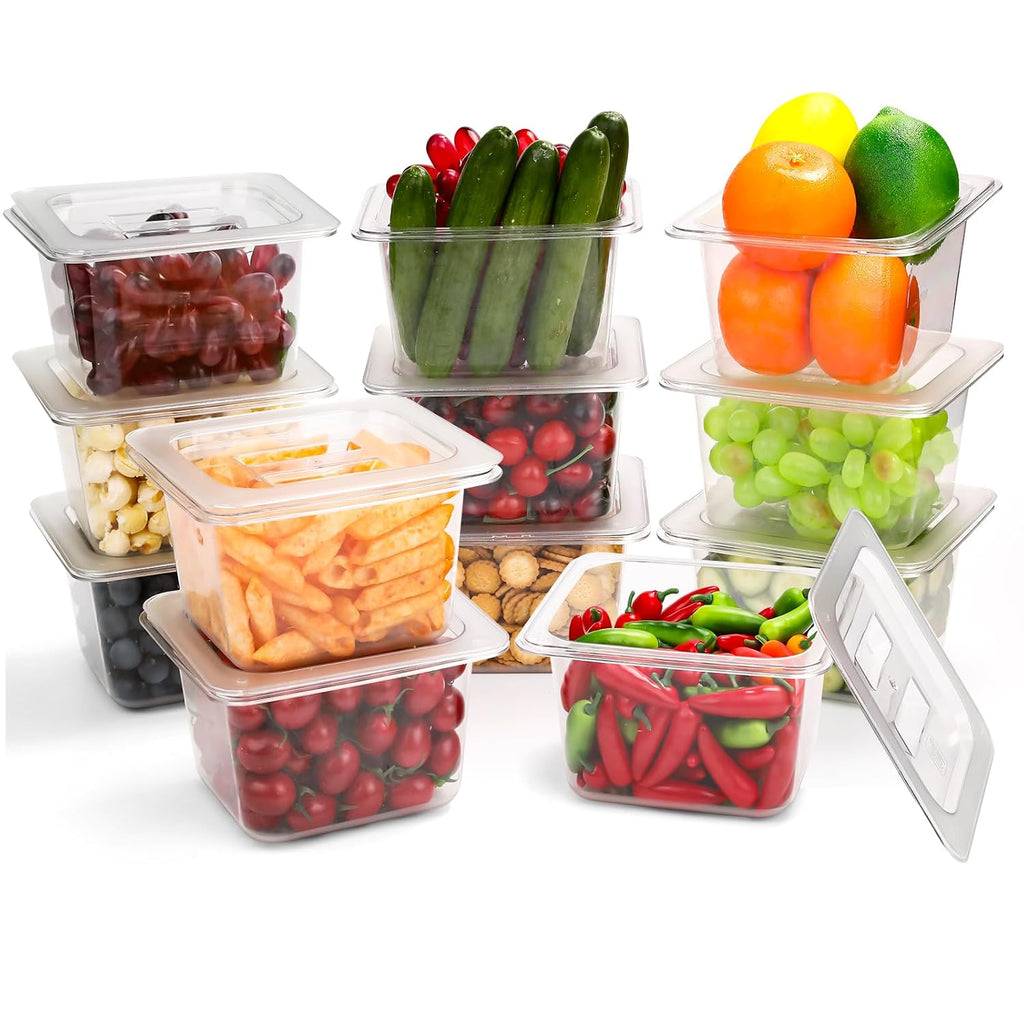 12 Pack Plastic Food Pan with Lids 1/6 Size 4 Inch Deep