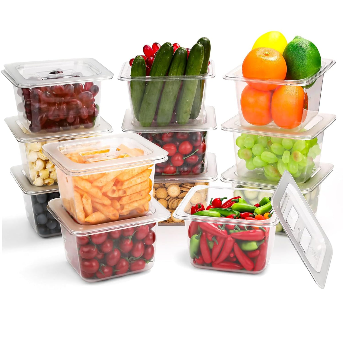 12 Pack Plastic Food Pan with Lids 1/6 Size 4 Inch Deep