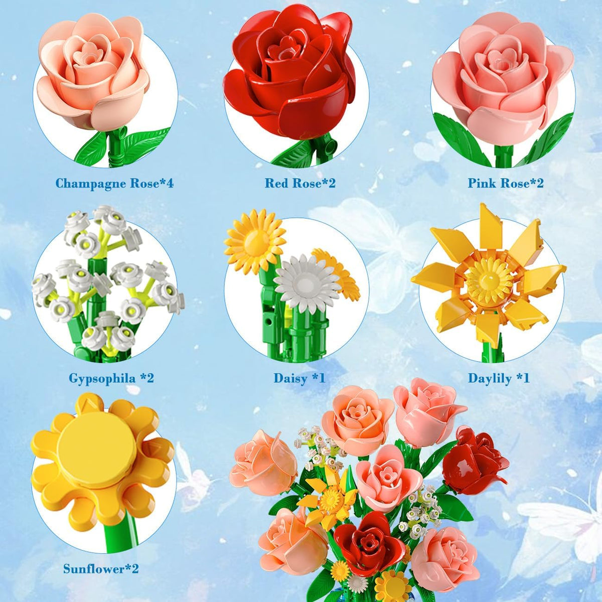 14 Flowers Bouquet Building Set with Vase & LED Light for Adults