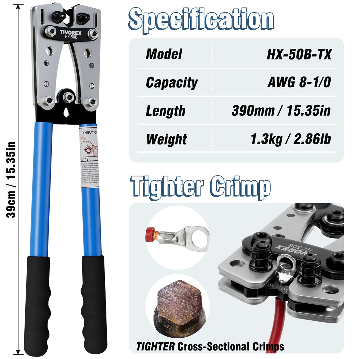 Tivorex Battery Cable Crimper for AWG 8-1/0 Copper Lugs, Ring Terminals