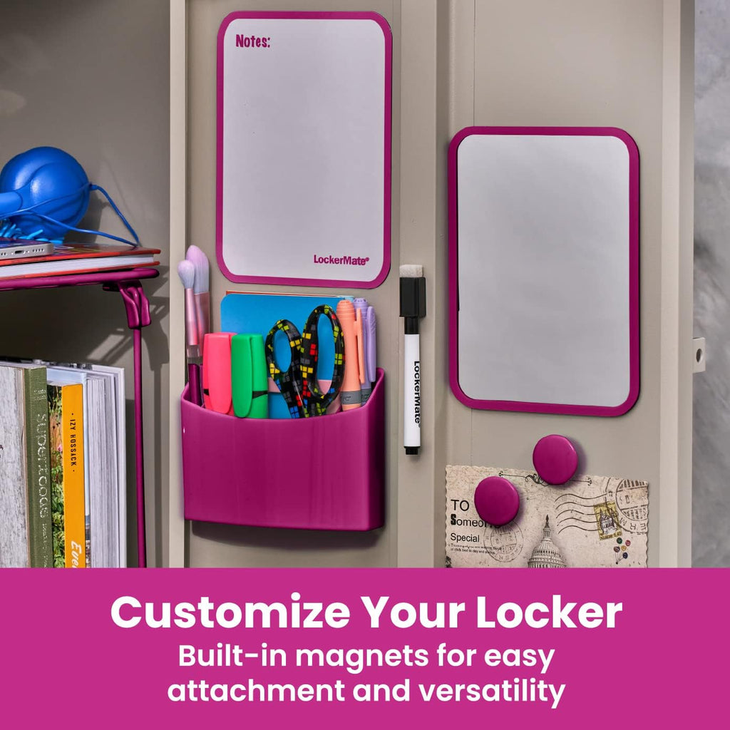 7-Piece Locker Organizer Kit, Includes Locker Shelf, Mirror, Whiteboard, Storage Cup & Dry Erase Marker, Pink