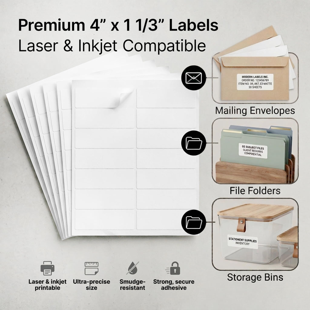 4" X 1.33" Matte White Printable Address Labels (100 Sheets, 1400 Stickers)