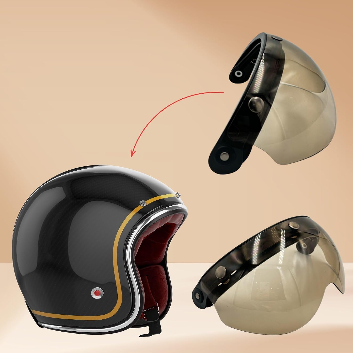 (1PCS) 3-Snap Removable Motorcycle Helmet Visor/Shied with Flip-Up Tinted Bubble Lens | Universal, Retro, Windproof &