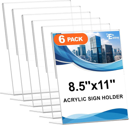 Acrylic Sign Holder 4 x 6, 6 Pack Vertical L-Shaped Tabletop Stand | Clear Vertical L-Shaped Tabletop Display with